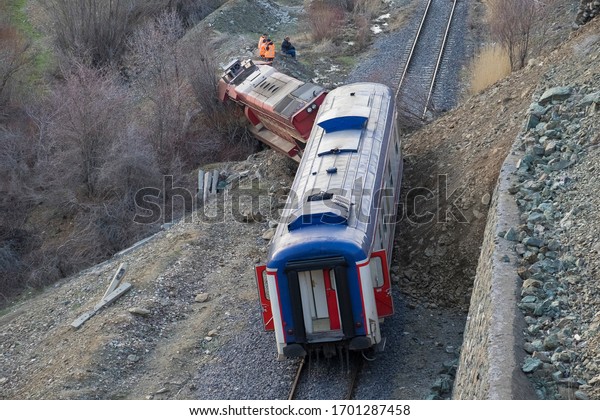 \
ELAZIG- TURKEY- MARCH 21, 2020: Train derailed\
due to the landslide that occurred in Elazig. Such accidents happen\
in many countries of the\
world.