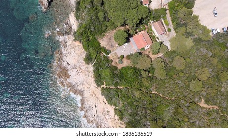 Elba Island Beach In Summer Season, Italy. Overhead Aerial View From Drone