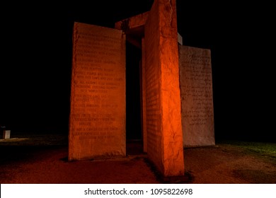 ELBERT, GEORGIA - APRIL 2, 2018: The Georgia Guidestones, also known as the "American Stonehenge", as seen on April 2, 2018 in Elbert, GA. The inscription is of 10 principles in 8 different languages.
