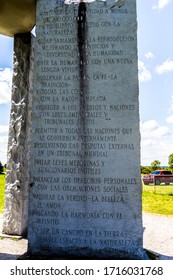 Elberton, GA/USA - April 26 2020:
Full view of granite slab at the Georgia guidestones with the tenets of the monument engraved in Spanish