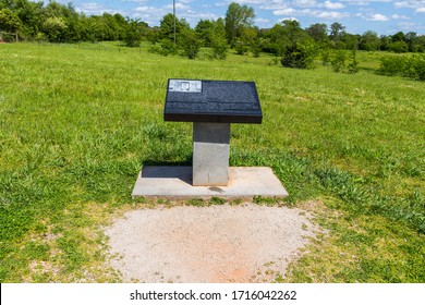 Elberton, GA/USA - April 26 2020:
Wide view of the black information plaque at the Georgia Guidestones