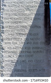 Elberton, GA/USA - April 26 2020:
Close view of the English engravings on the Georgia Guidestones; displaying, what are said to be, the  principles of a new age of reason