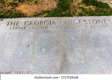 Elberton, GA/USA - April 26 2020:
Close view of the title on the informational slab in the ground at the Georgia Guidestones