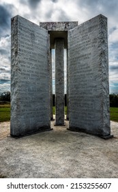 ELBERTON, UNITED STATES - Oct 25, 2021: A vertical shot of the Georgia Guidestones near Elberton with English, Russian and cuneiform inscriptions