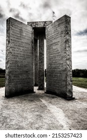 ELBERTON, UNITED STATES - Oct 25, 2021: A vertical shot of the Georgia Guidestones in Elberton, showing English, Russian, and cuneiform inscriptions