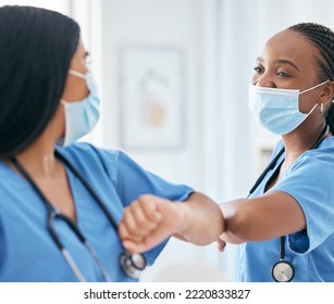 Elbow Greeting, Covid Nurses And Meeting In Hospital, Clinic And Surgery For Wellness, Medical Trust And Support. Happy Nursing Staff Employees, Face Mask And Body Contact For Social Distance Safety