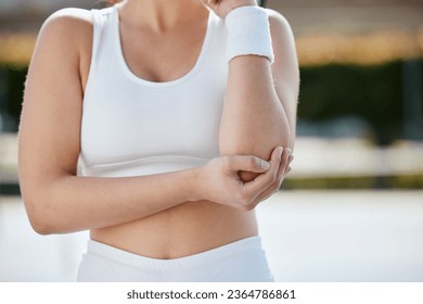 Elbow pain, tennis arm or sports person with medical problem, injury or sore from challenge game mistake. Broken bone, anatomy risk or player with ache from fitness fail, exercise or outdoor training - Shutterstock ID 2364786861