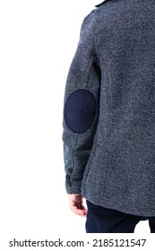 Elbow Patches On A Gray Children's Jacket On White Background. Vertical Photo