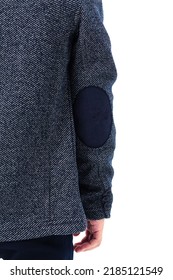 Elbow Patches On A Gray Children's Jacket On White Background. Vertical Photo