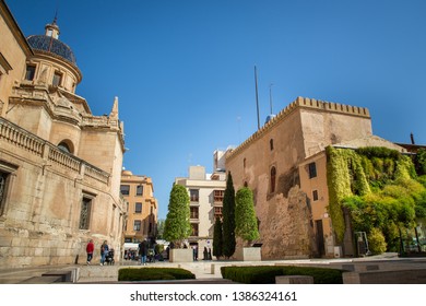 Elche, Alicante, Spain - April 13 2019 : View of the beautiful Spanish Baroque Basilica de Santa Maria (built between 1672 and 1784) in the heart of Elche, Elx in the region of Alicante, Spain