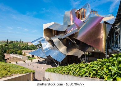 ELCIEGO, SPAIN - SEP 10: The modern hotel of Marques de Riscal on September 10, 2016 in Elciego, Basque Country, Spain. This hotel, designed by Frank Gehry, was built in 2007.