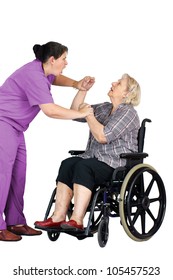 Elder Abuse Concept: Enraged Nurse Or Other Health Care Provider Assaulting A Senior Woman Patient In A Wheelchair, Studio Shot On White.