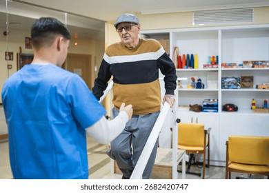 Elder man using parallel bars for physical therapy, assisted by a male nurse, focusing on rehabilitation and mobility in a care facility