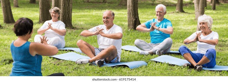 Elder people meditating together on yoga class in the park