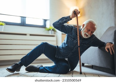 Elder senior man lying on floor after falling down with wooden walking stick beside couch on rug in living room at home. Old man suffering with pain and struggling to get up after falling down at home - Shutterstock ID 2310500569