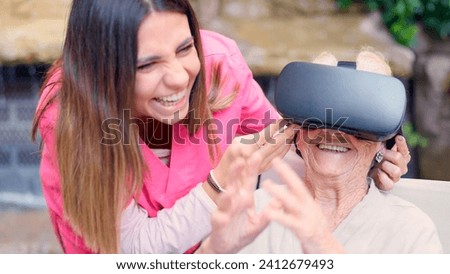 Elder woman gesturing while using virtual reality goggle in geriatric