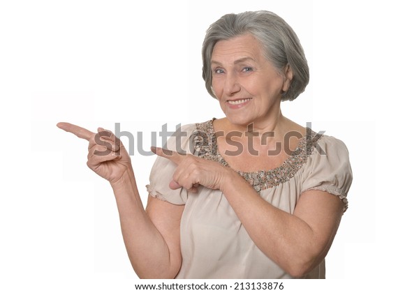 Elder Woman Pointing Copy Space Isolated Stock Photo 213133876 ...