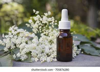 Elderberry Essential Oil (tincture, Extract) With Elderberry Flowers On Wooden Background