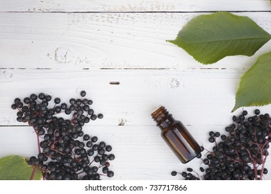 Elderberry Essential Oil (tincture, Extract, Infusion) With Fresh Elderberries On White Wooden Background