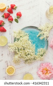 Elderflower, Rose And Strawberry Sorbet, Top View, Vintage Toned Image