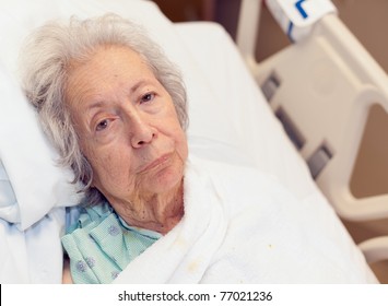 Elderly 80 Year Old Woman With Alzheimer's Disease In A Hospital Bed.