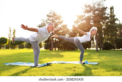 Elderly active man and woman in sportswear standing in Pigeon pose on green grass in park. Positive senior couple practicing partner yoga in nature on open air. Meditation and healthcare concept - Powered by Shutterstock