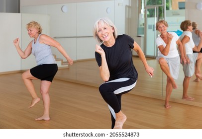 Elderly Active Women Practice Energetic Dancing, Engaged In A Group Lesson In The Studio Of Dance