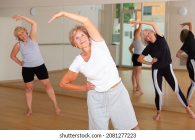 Elderly Active Women Practice Energetic Dancing, Engaged In A Group Lesson In The Studio Of Dance