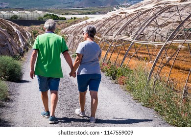 Elderly Adult Senior Couple Walk Together In The Country Side. Love And Forever Life Concept For People In Love. Outdoor Leisure Activityh In The Natura Under The Sun