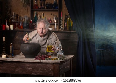 elderly alchemist monk brews  magic potion
