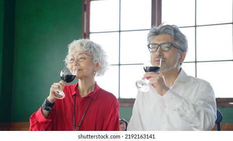 Elderly Asian Male And Female Couple Drinking Wine.