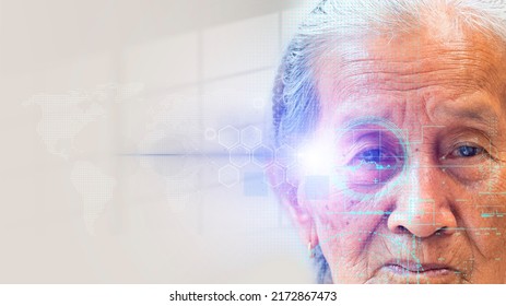 Elderly binary code, biometric security scan. Concept of eye recognition technology