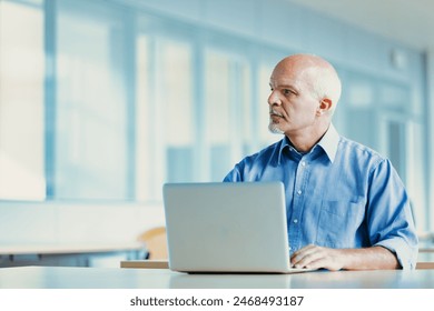 Elderly business professional works diligently in an office that overlooks a lively harbor, showcasing a blend of technology and tranquility