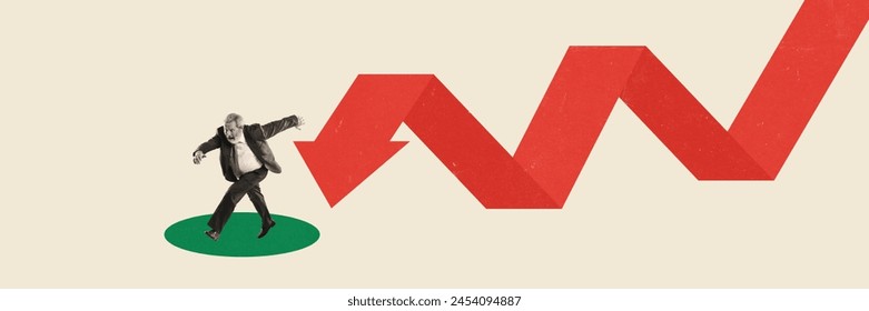 Elderly businessman running away from red arrow in decline position. Conceptual creative design. Avoiding potential losses and crisis. Concept of business, challenges, financial decline - Powered by Shutterstock