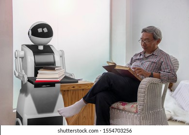 Elderly Care Robot In The Intelligent Hospital, Concept, Artificial Intelligence, Consultancy Services And Health Care With Future Robots. Nursing Bot Concept