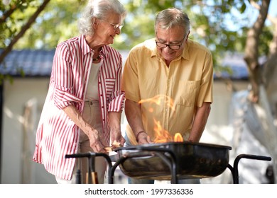 Elderly Caucasian Couple Making Fire For Barbeque 