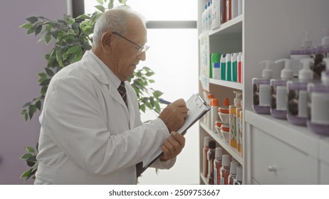 An elderly caucasian man in a pharmacy wearing a white lab coat and glasses writes on a clipboard, surrounded by shelves filled with various products and bottles in an indoor setting. - Powered by Shutterstock