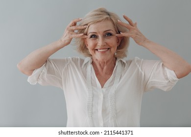 Elderly Caucasian Old Aged Granny Woman Gray Haired Portrait Doing Facebuilding Yoga Face Gymnastics Yoga Self Massage