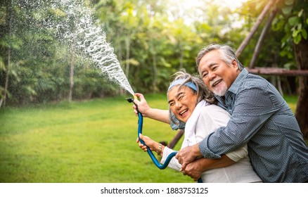 Elderly Couple Asian Happy Using A Hose To Spray Water On The Plants