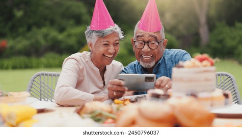 Elderly, couple and happy with video call at birthday party for celebration, laughing and memories in garden. Senior, man and woman with smartphone for photography, gathering and event in backyard - Powered by Shutterstock