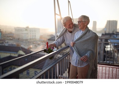 An elderly couple having fun while they enjoying on the terrace of their apartment at a beautiful sunset. Spouses, pensioners, together, home