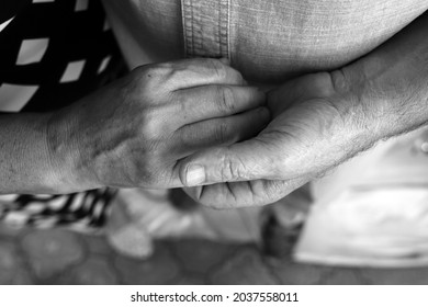 Elderly Couple Holding Hands, Black And White