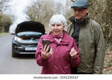 Elderly couple on roadside, car breakdown. Elderly woman and man, roadside assistance. Elderly couple, car trouble, seeking help on phone. Elderly couple calling for roadside assistance. - Powered by Shutterstock