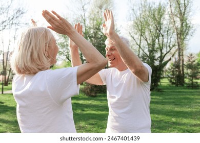 elderly couple of seniors man and woman high-five and rejoice at success in the park outdoors, gray-haired grandparents celebrate victory and play sports in nature - Powered by Shutterstock