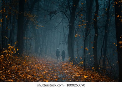 Elderly Couple Silhouettes Walking Away On A Pathway At The Autumn Foggy Park Among High Trees With Yellow Leaves.