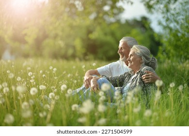 Elderly couple sits together on the grass in summer