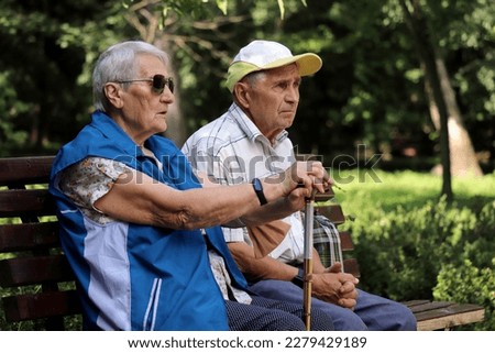 Elderly couple sitting on a bench in spring or summer park. Old man and woman outdoors, life in retirement