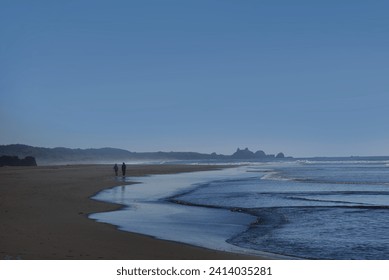 Elderly couple take a morning stroll along a deserted Myers Beach.  Beach is located along Highway 101, along the Oregon Coast. - Powered by Shutterstock