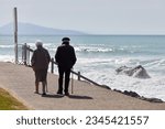 elderly couple walking on the promenade by the beach