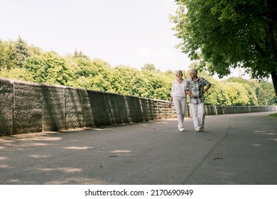 Elderly Couple Walking In The Park On A Hot Summer Day